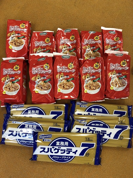 6月のご支援品 6/9コーンフレーク、パスタ