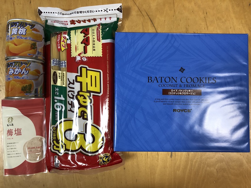7月のご支援品 7/30みかん缶、パスタ、お菓子等